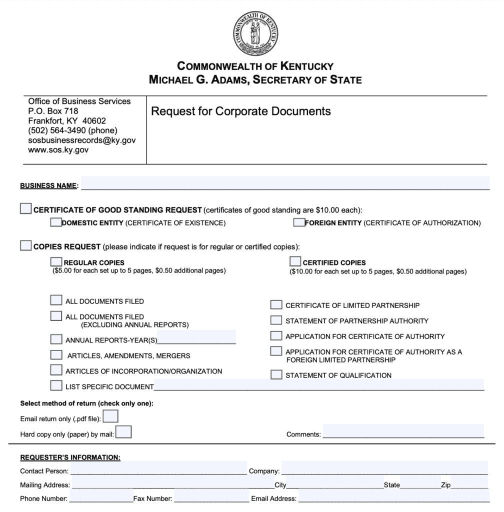 request Kentucky corporate documents